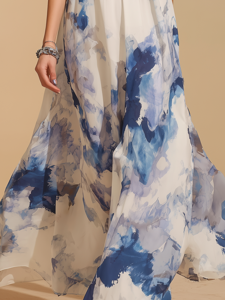 Vacation Style Blue and White Halter Neck Sleeveless Printed Maxi Dress