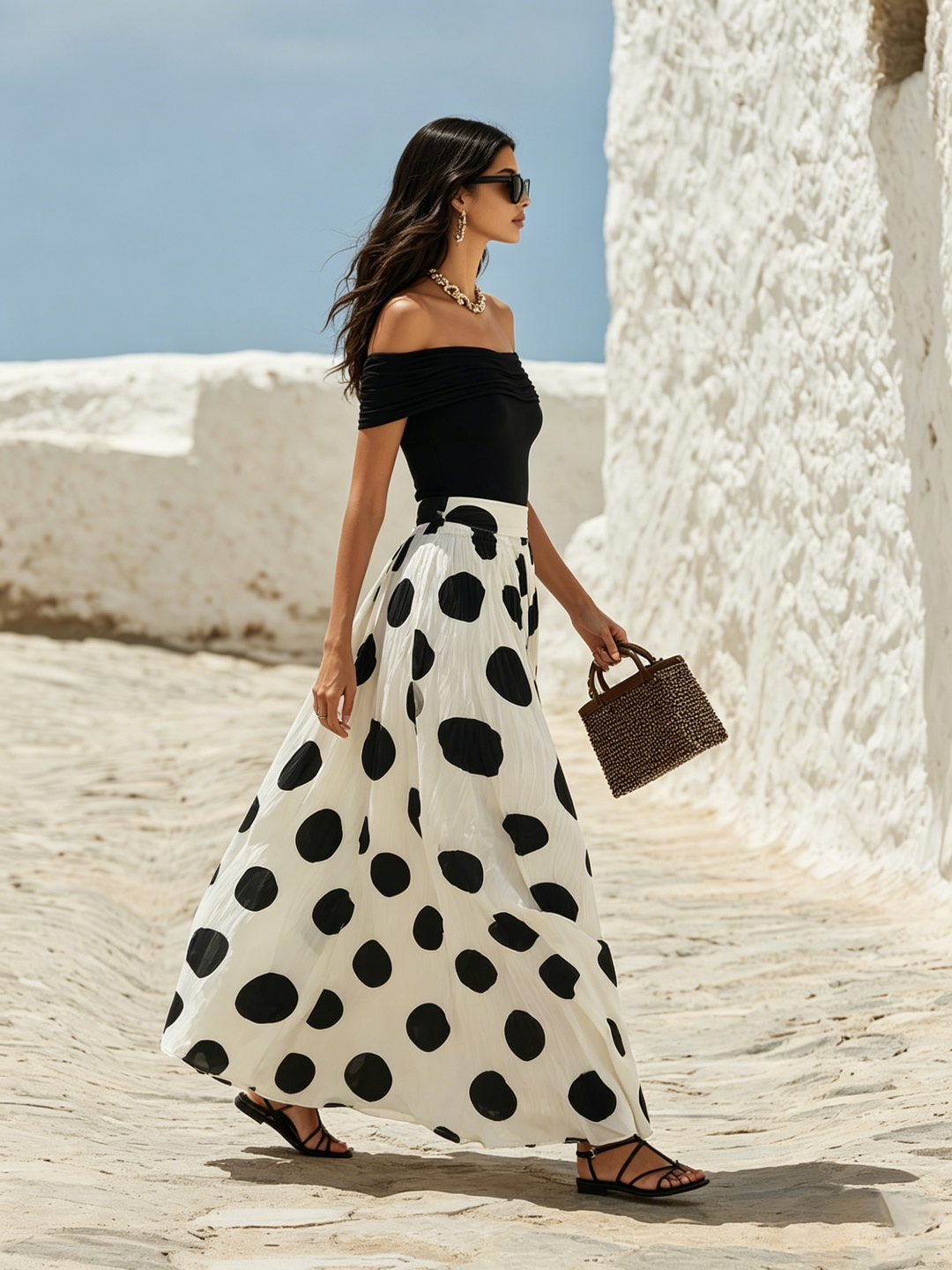 Maxi dress in polka dot chiffon, with short sleeves and neckline, vacation style