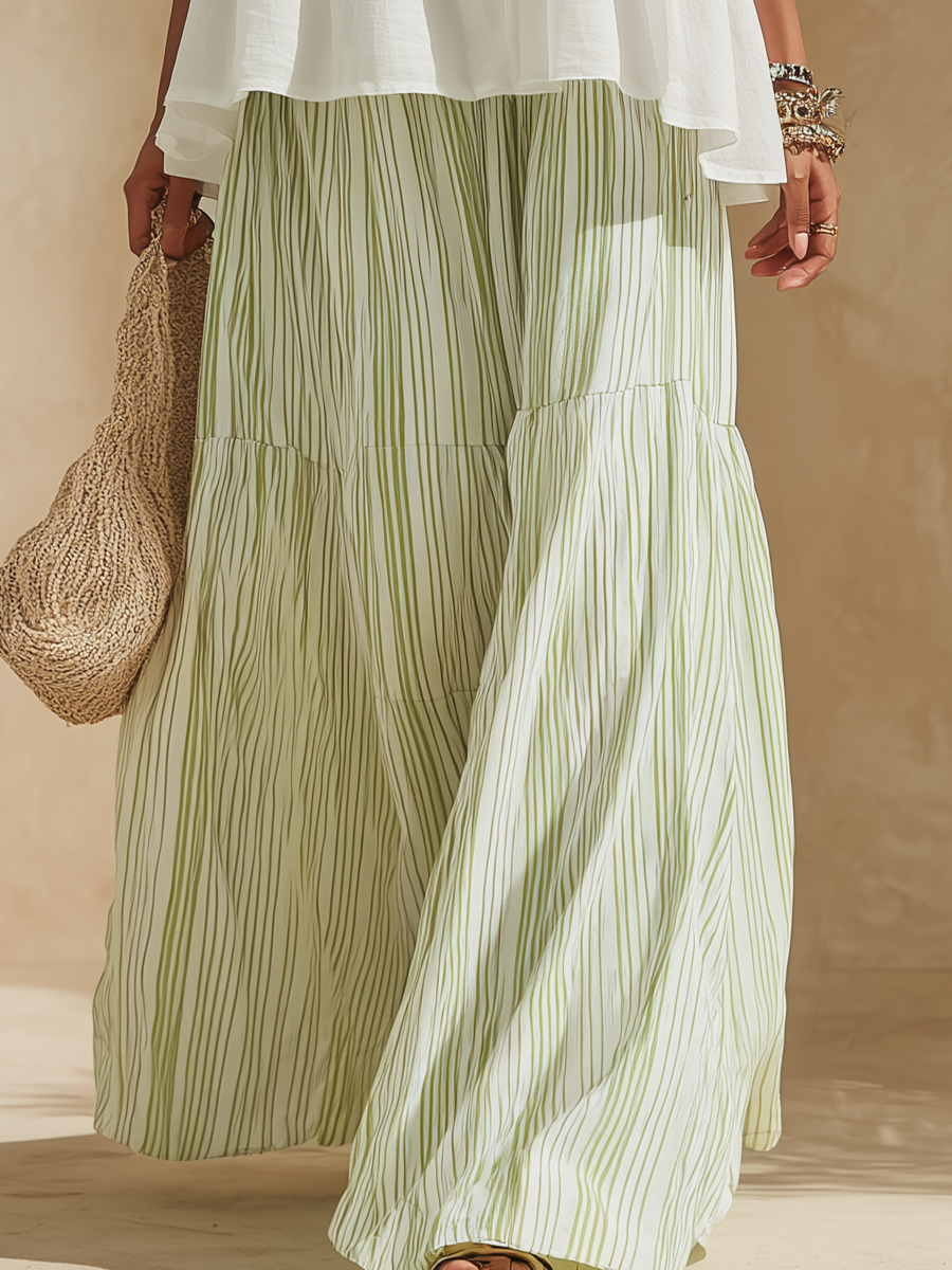 Vacation-Style White Spaghetti-Strap Top And Green Striped Skirt Set