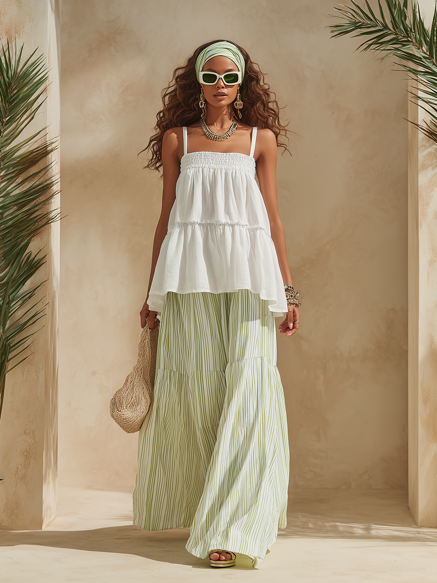 Vacation-Style White Spaghetti-Strap Top And Green Striped Skirt Set