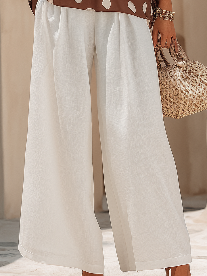 Vacation-Style Sleeveless Brown Polka-Dot Top And White Wide-Leg Pants Set