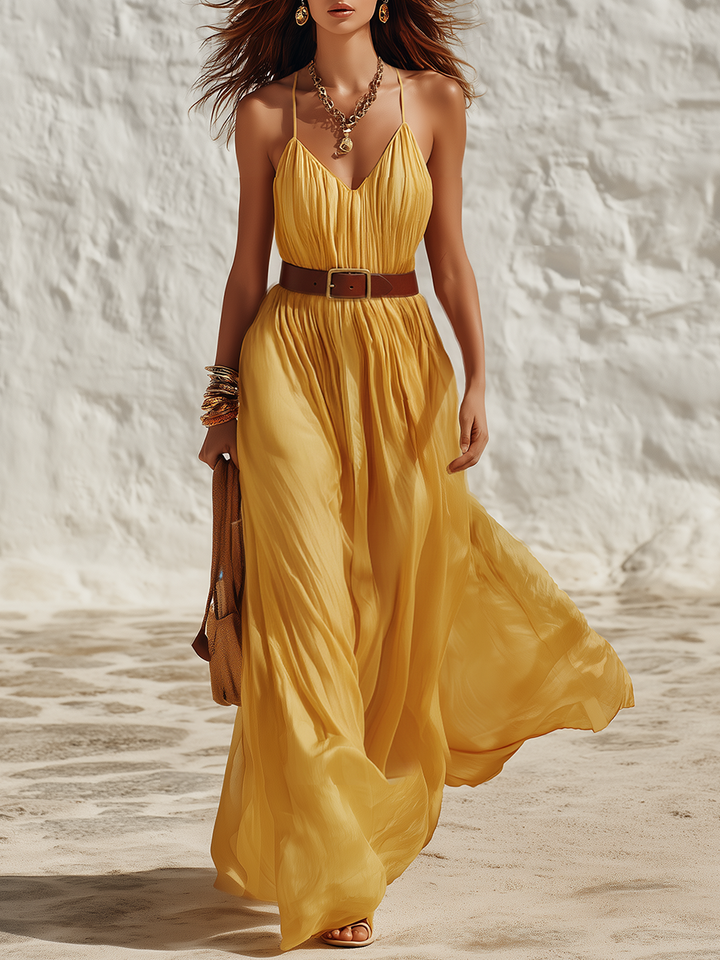 Holiday Style V-Neck Sleeveless Solid Chiffon Maxi Dress