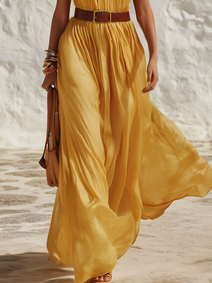 Holiday Style V-Neck Sleeveless Solid Chiffon Maxi Dress