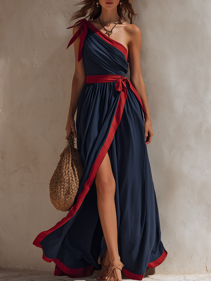 Navy Blue Vacation Style One Shoulder Slit Sleeveless Maxi Dress
