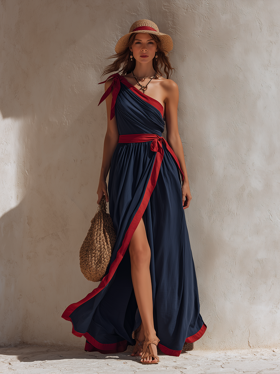 Navy Blue Vacation Style One Shoulder Slit Sleeveless Maxi Dress
