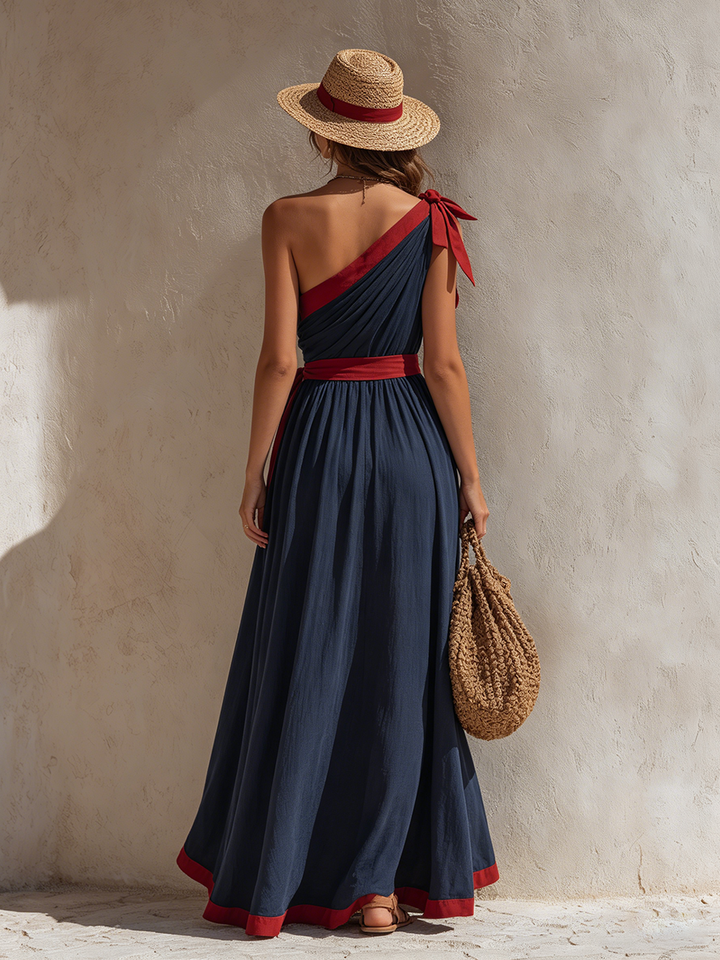 Navy Blue Vacation Style One Shoulder Slit Sleeveless Maxi Dress
