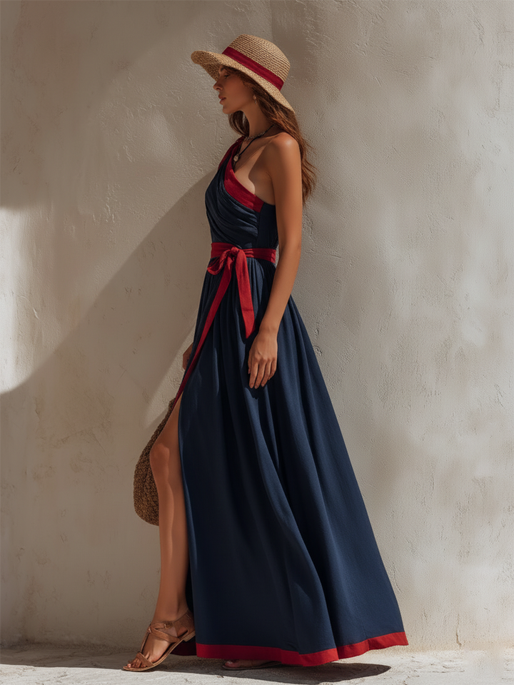 Navy Blue Vacation Style One Shoulder Slit Sleeveless Maxi Dress