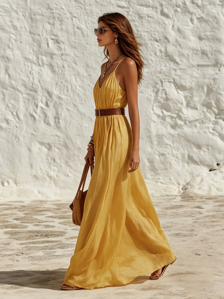 Holiday Style V-Neck Sleeveless Solid Chiffon Maxi Dress