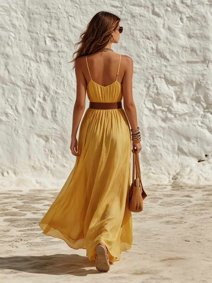 Holiday Style V-Neck Sleeveless Solid Chiffon Maxi Dress