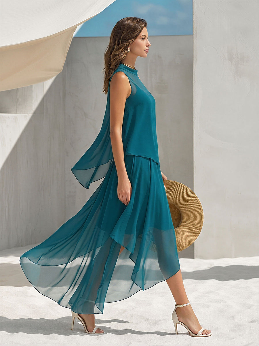 Elegant Vacation Spaghetti-Strap Asymmetrical Hem Maxi Dress And Sleeveless Cover-Up Two-Piece Set