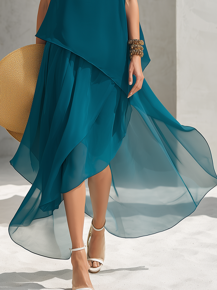 Elegant Vacation Spaghetti-Strap Asymmetrical Hem Maxi Dress And Sleeveless Cover-Up Two-Piece Set