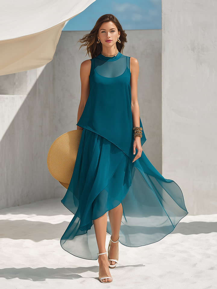 Elegant Vacation Spaghetti-Strap Asymmetrical Hem Maxi Dress And Sleeveless Cover-Up Two-Piece Set