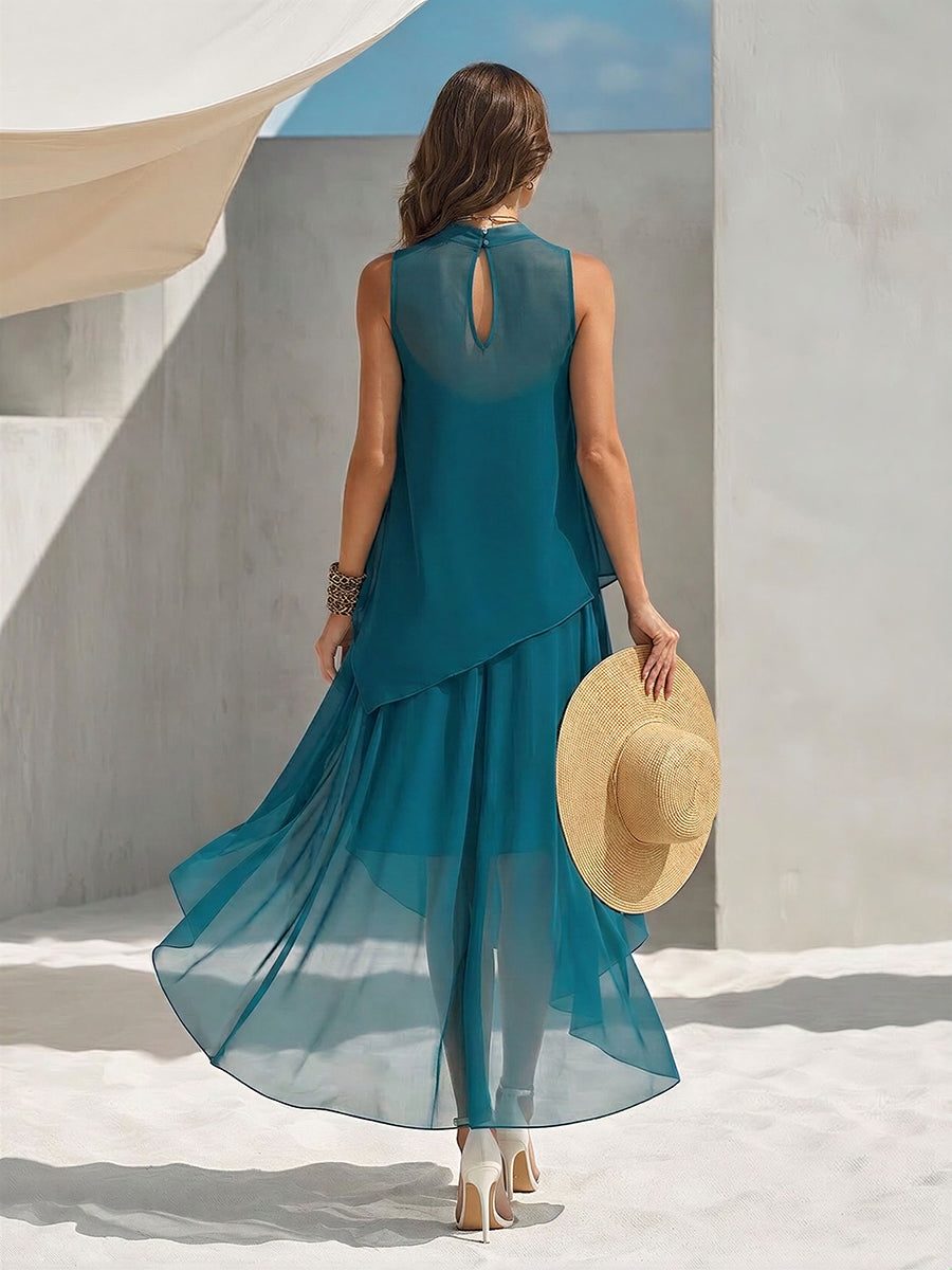 Elegant Vacation Spaghetti-Strap Asymmetrical Hem Maxi Dress And Sleeveless Cover-Up Two-Piece Set
