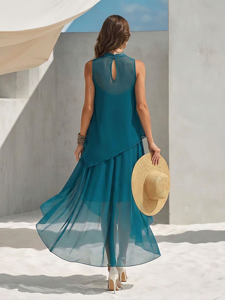 Elegant Vacation Spaghetti-Strap Asymmetrical Hem Maxi Dress And Sleeveless Cover-Up Two-Piece Set