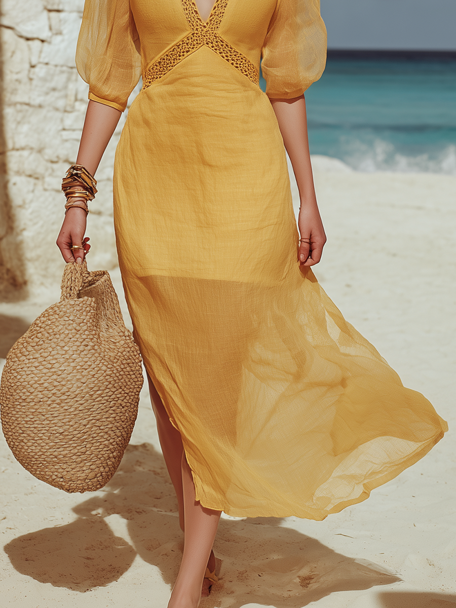 Yellow Sheer Lyocell Maxi Dress with Short Sleeves and Vacation Style V-Neck