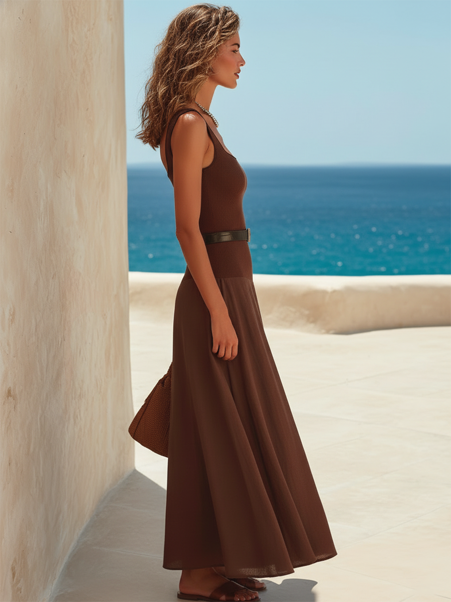 Brown Sleeveless Low Waist Vacation Maxi Dress