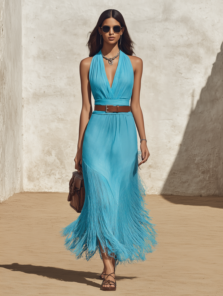 Intricate Long V Fringe Sleeveless Midi Dress