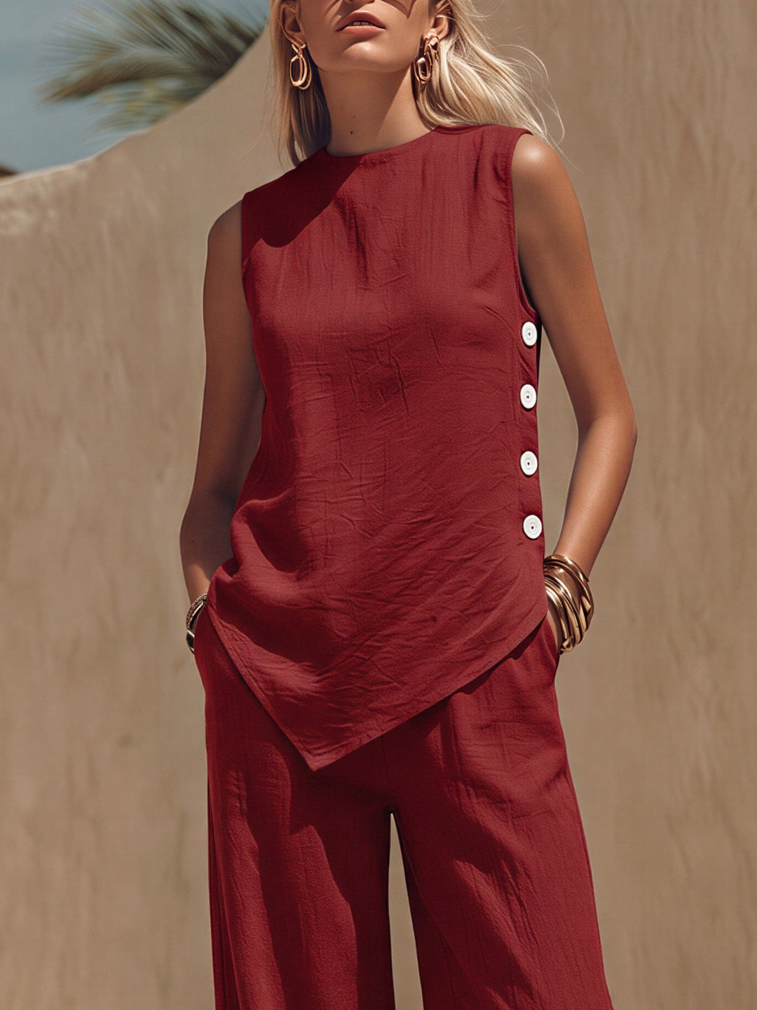 Bohemian Style White Button-down Red Irregular Sleeveless Top And Trousers Set