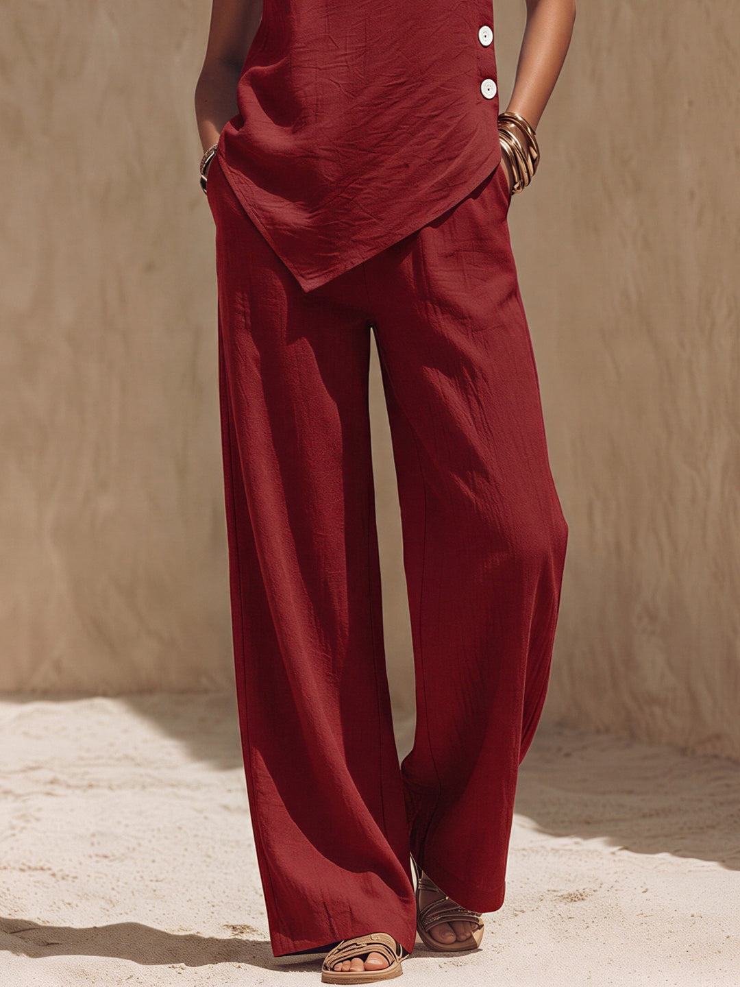Bohemian Style White Button-down Red Irregular Sleeveless Top And Trousers Set