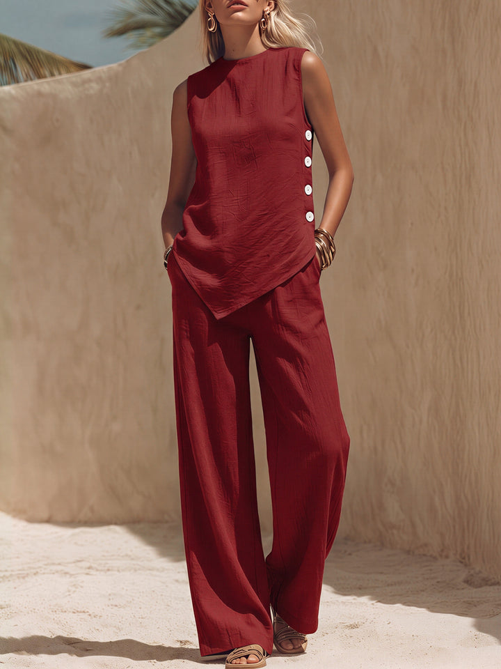 Bohemian Style White Button-down Red Irregular Sleeveless Top And Trousers Set