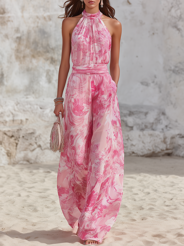 Vacation-Style Sleeveless Halter Top And Printed Chiffon Pants Set