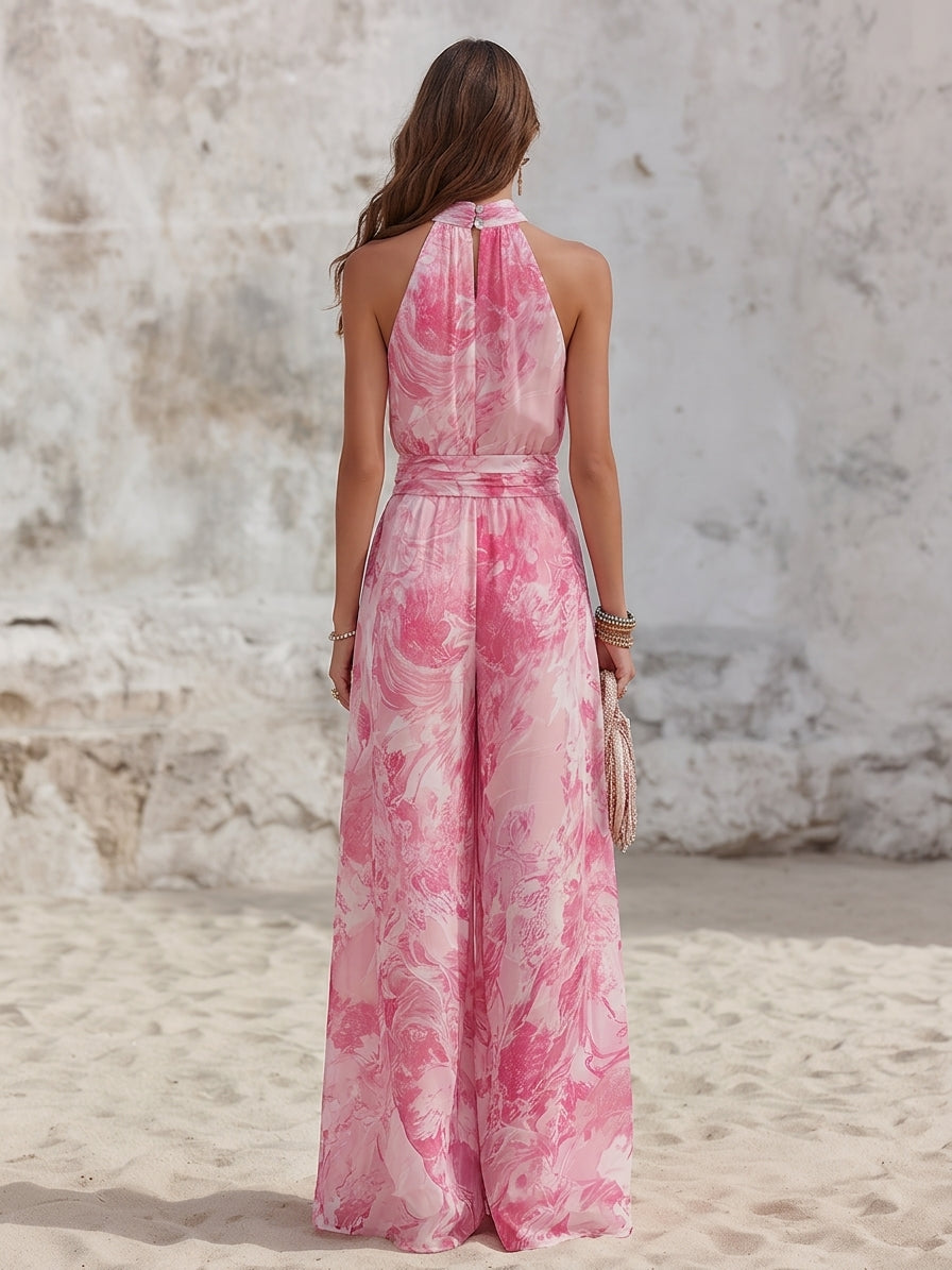 Vacation-Style Sleeveless Halter Top And Printed Chiffon Pants Set