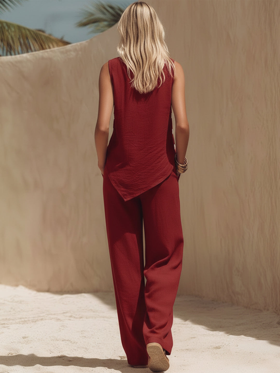 Bohemian Style White Button-down Red Irregular Sleeveless Top And Trousers Set