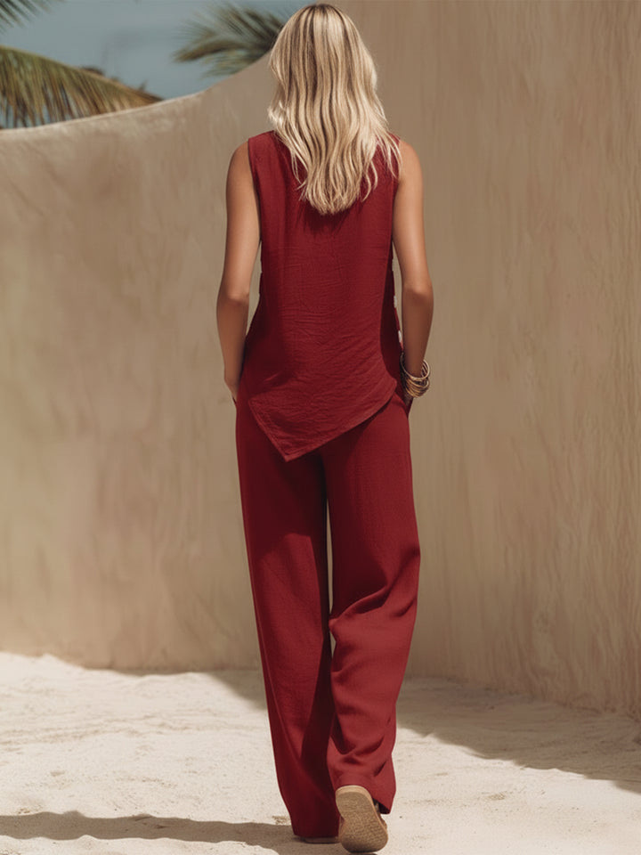 Bohemian Style White Button-down Red Irregular Sleeveless Top And Trousers Set