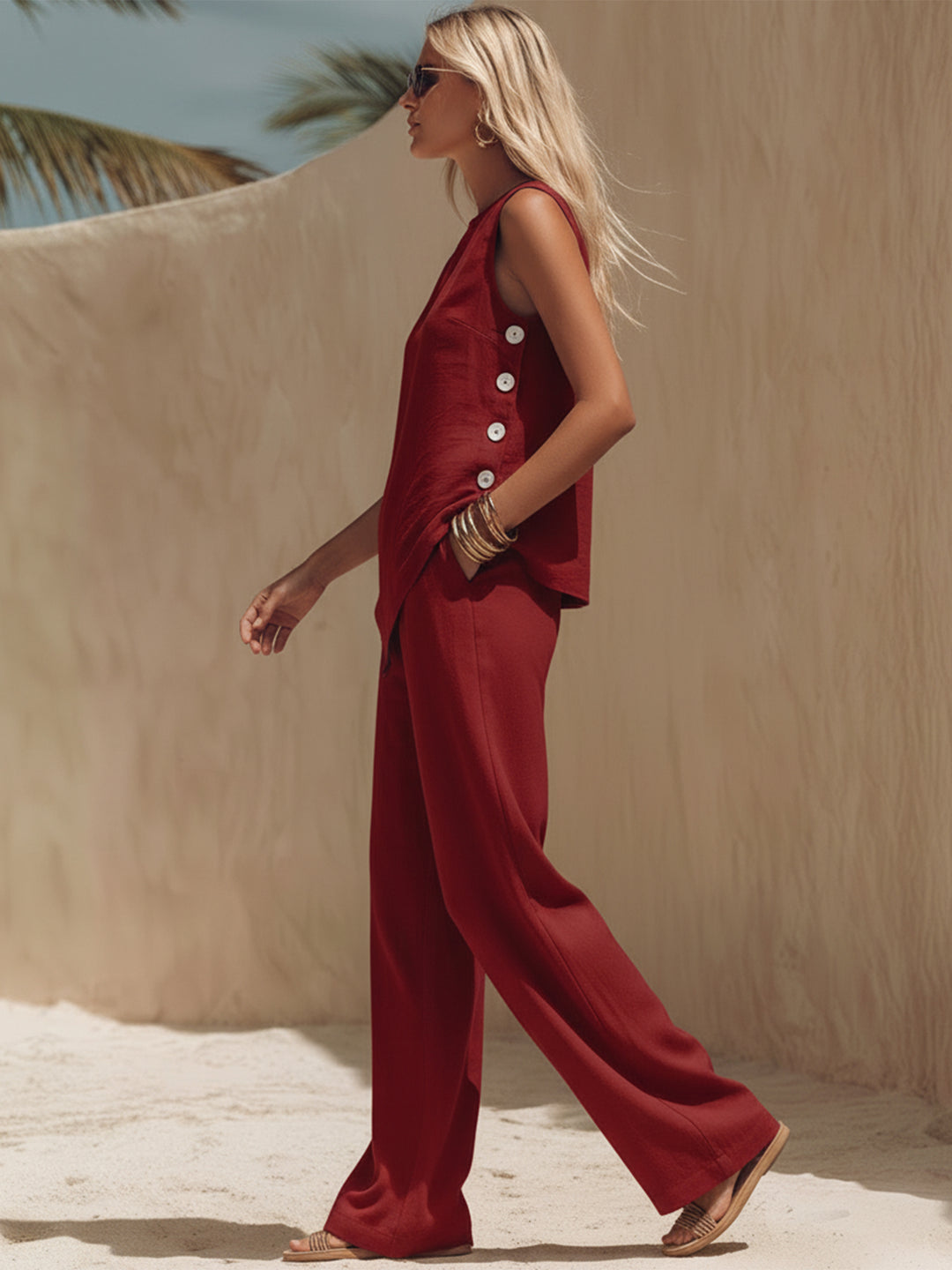 Bohemian Style White Button-down Red Irregular Sleeveless Top And Trousers Set