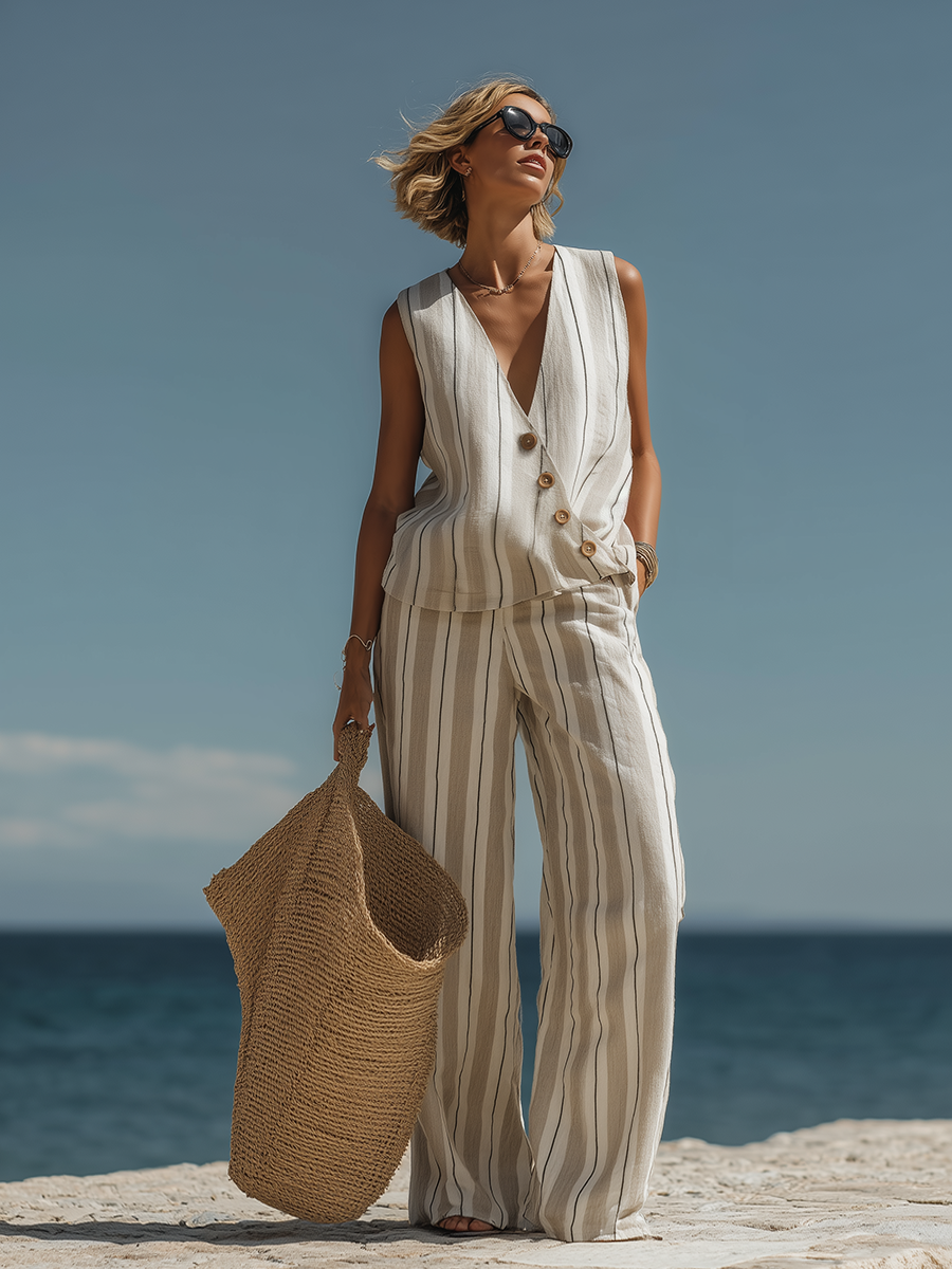 Minimalist Vacation-Style Striped Cotton-Linen Top And Wide-Leg Pants Set