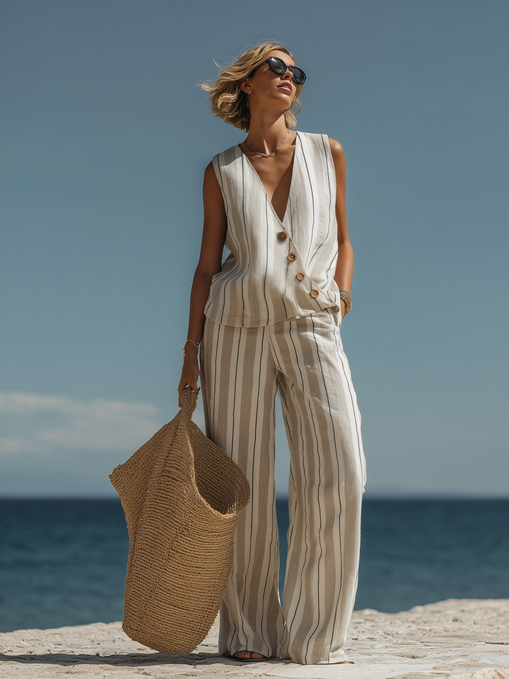 Minimalist Vacation-Style Striped Cotton-Linen Top And Wide-Leg Pants Set