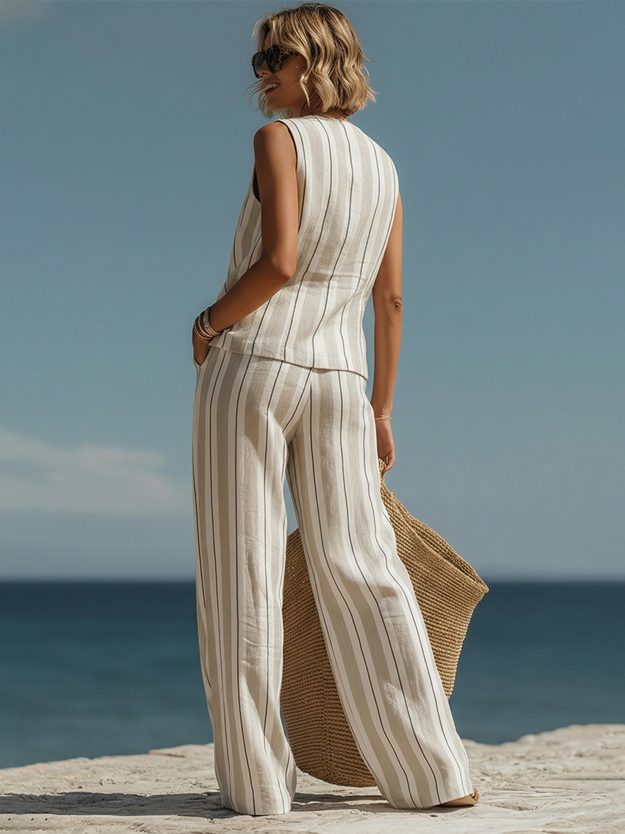 Minimalist Vacation-Style Striped Cotton-Linen Top And Wide-Leg Pants Set