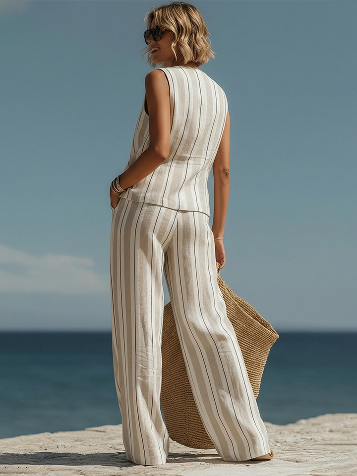 Minimalist Vacation-Style Striped Cotton-Linen Top And Wide-Leg Pants Set