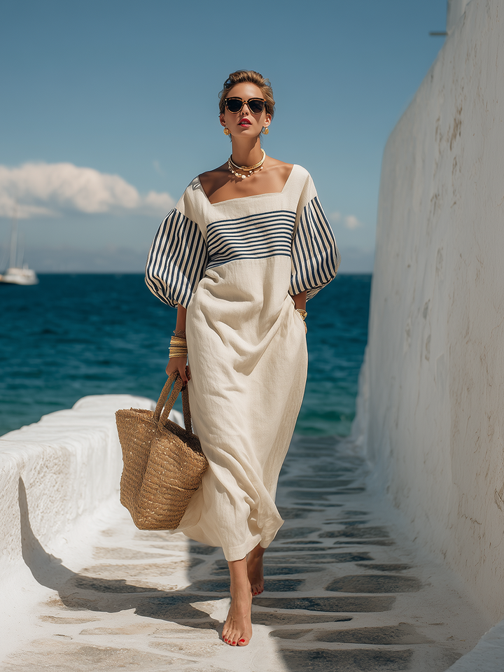Beige striped cotton-linen maxi dress with square collar and short sleeves
