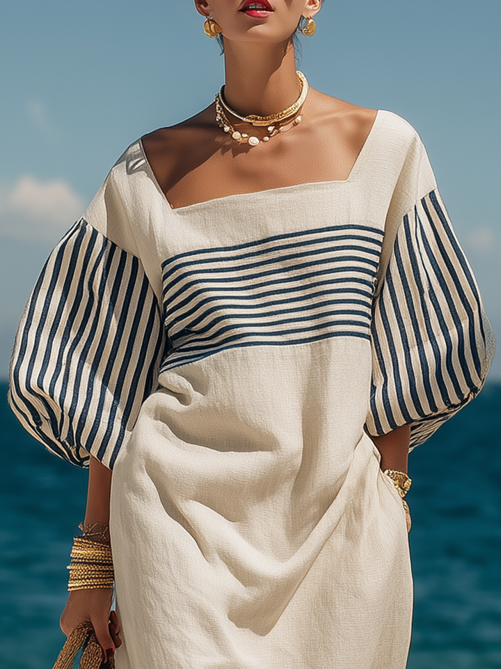 Beige striped cotton-linen maxi dress with square collar and short sleeves