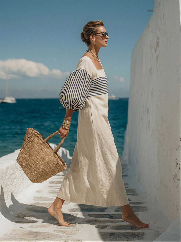 Beige striped cotton-linen maxi dress with square collar and short sleeves