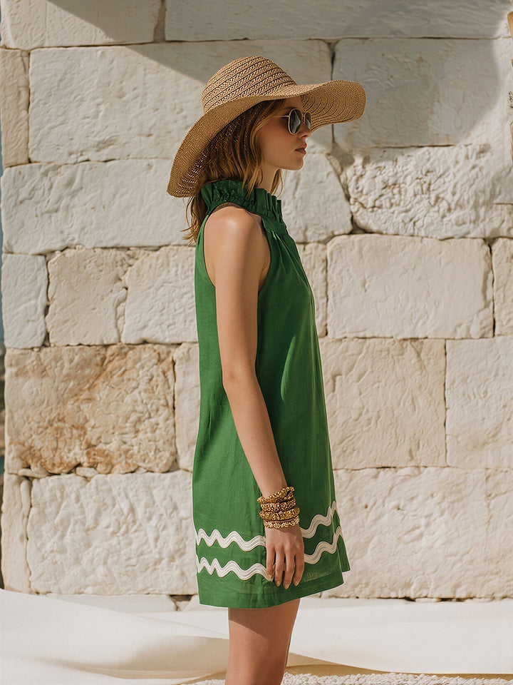 White Sleeveless Vacation Style Green Cotton-Linen Wavy Edge Mini Dress