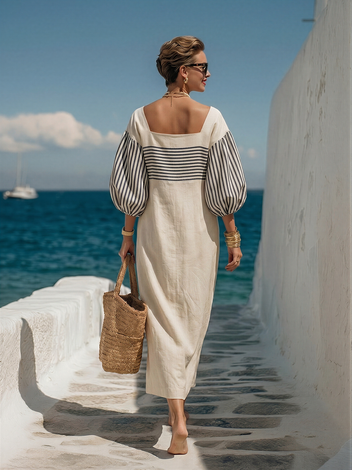 Beige striped cotton-linen maxi dress with square collar and short sleeves