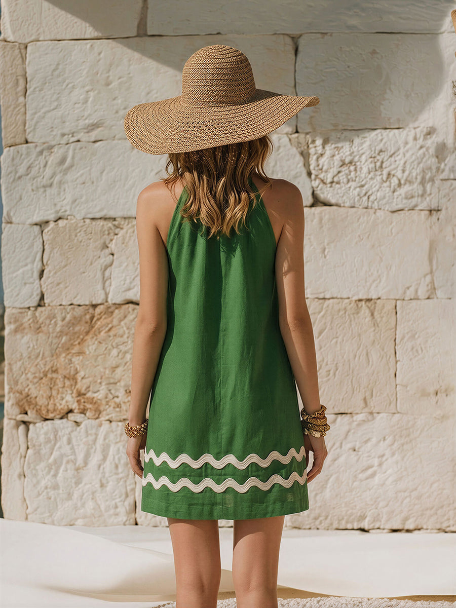 White Sleeveless Vacation Style Green Cotton-Linen Wavy Edge Mini Dress