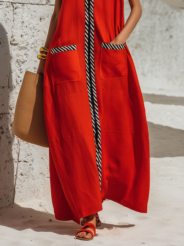 Sleeveless red cotton-linen maxi dress with black and white color blocks, V-neck for vacation