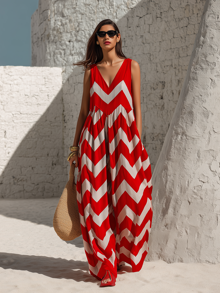 Chic Vacation White Sleeveless Zigzag Print Red Wide-Leg Jumpsuit