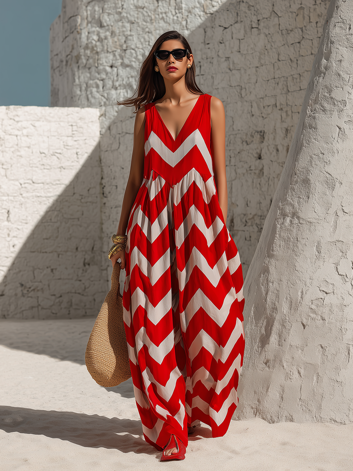 Chic Vacation White Sleeveless Zigzag Print Red Wide-Leg Jumpsuit