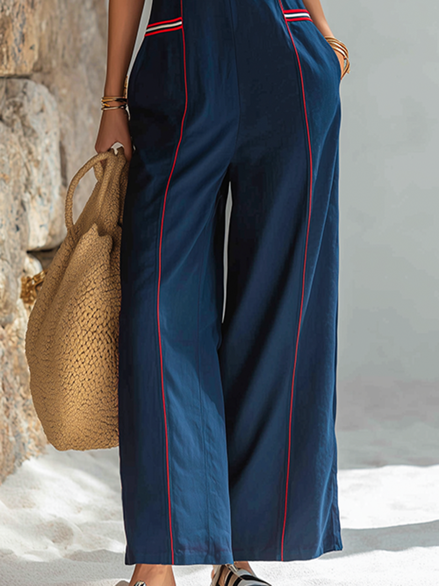 Vacation Sleeveless Red And White Striped Trim Deep Blue Cotton Linen Wide-Leg Jumpsuit