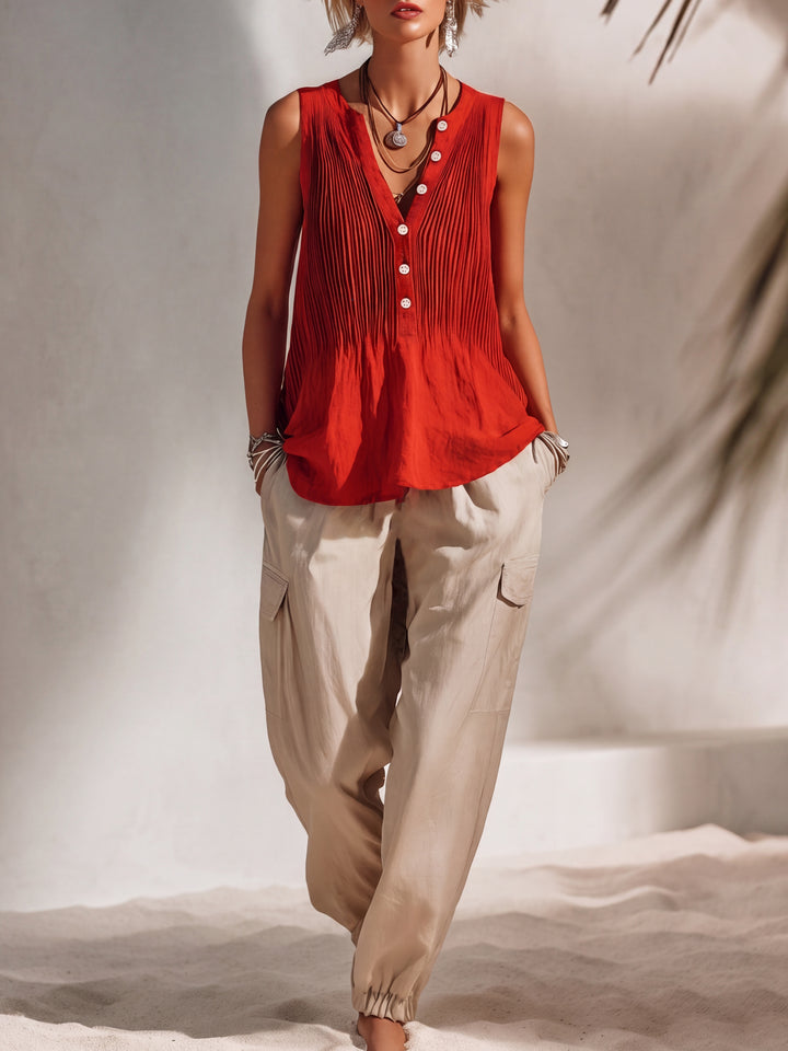 Bohemian Resort Style Red Pleated Cotton Linen Sleeveless Vest And Beige Jogger Pants Set