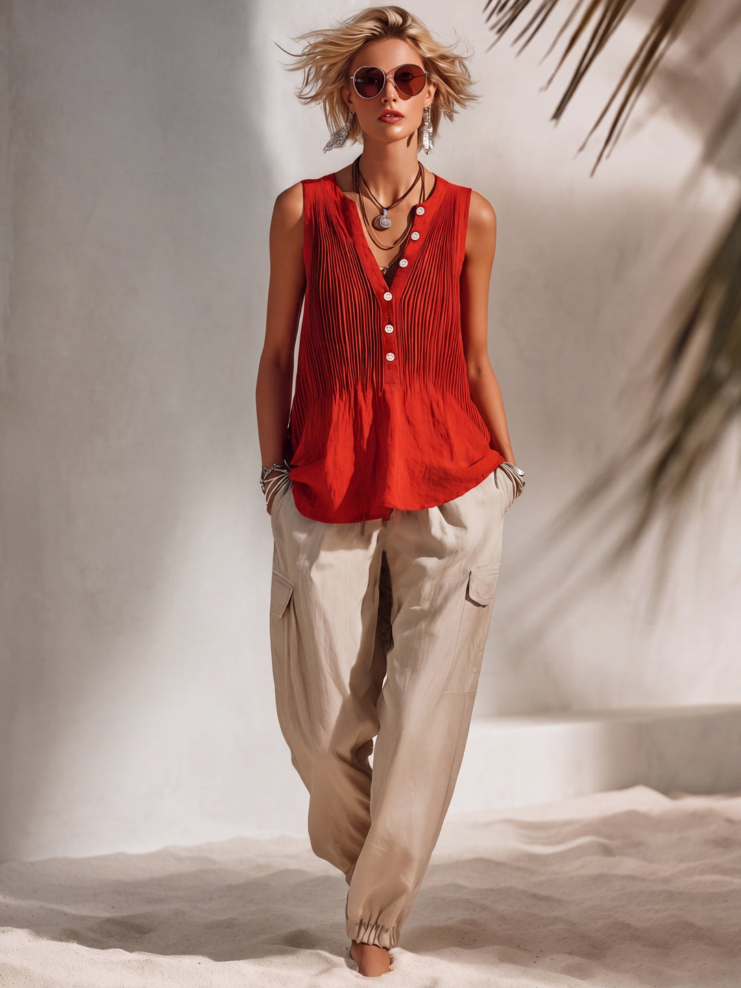 Bohemian Resort Style Red Pleated Cotton Linen Sleeveless Vest And Beige Jogger Pants Set
