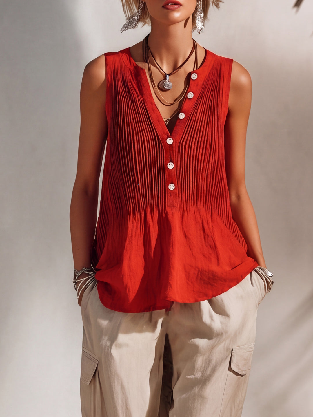 Bohemian Resort Style Red Pleated Cotton Linen Sleeveless Vest And Beige Jogger Pants Set