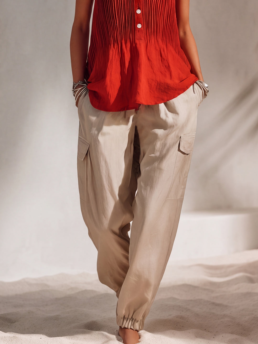 Bohemian Resort Style Red Pleated Cotton Linen Sleeveless Vest And Beige Jogger Pants Set