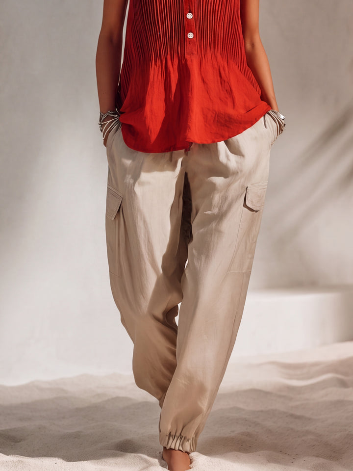 Bohemian Resort Style Red Pleated Cotton Linen Sleeveless Vest And Beige Jogger Pants Set