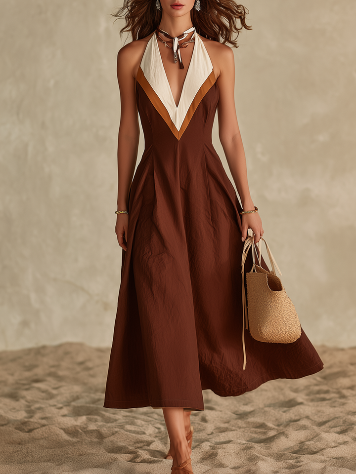 Brown Sleeveless V-Neck Vacation Maxi Dress