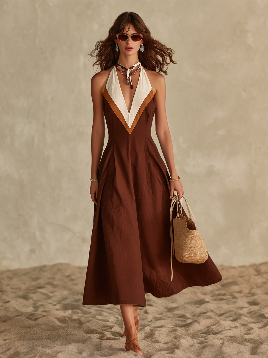 Brown Sleeveless V-Neck Vacation Maxi Dress
